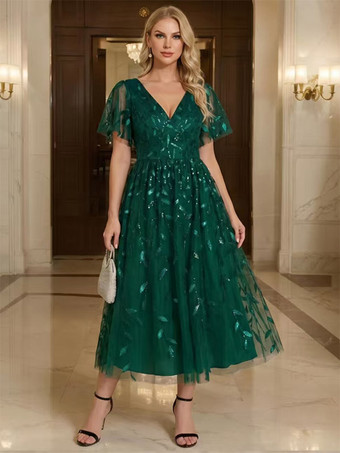 ダークグリーンイブニングドレス、ショート丈、Vネック、ティーレングス、半袖、ジッパー、スパンコール、スパンコール装飾、社交界向けページェントドレス