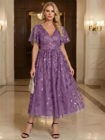 ライラックイブニングドレス、ショート丈、Vネック、ティーレングス、半袖、ジッパー、スパンコール、スパンコール装飾、社交界向けページェントドレス