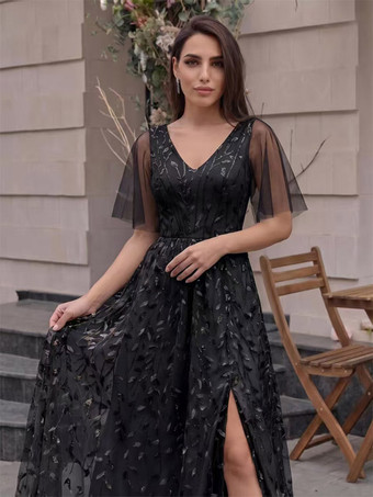 ブラックイブニングドレス Aライン Vネック スパンコール フロア丈 フォーマル パーティードレス