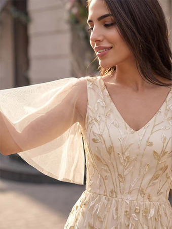 イブニングドレス Aライン Vネック スパンコール フロア丈 フォーマル パーティードレス