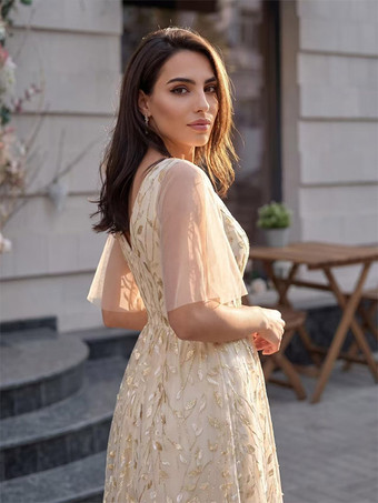 イブニングドレス Aライン Vネック スパンコール フロア丈 フォーマル パーティードレス