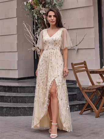 シャンパンイブニングドレス Aライン Vネック スパンコール フロア丈 フォーマル パーティードレス