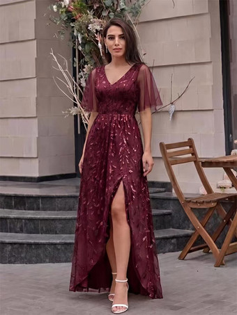 バーガンディーイブニングドレス Aライン Vネック スパンコール フロア丈 フォーマル パーティードレス