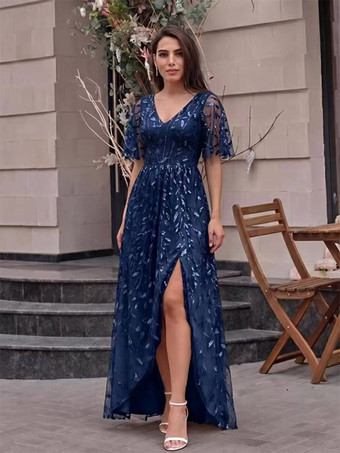 ダークネイビーイブニングドレス Aライン Vネック スパンコール フロア丈 フォーマル パーティードレス