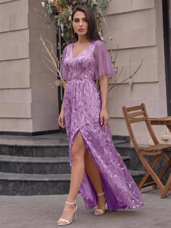 ラベンダーイブニングドレス Aライン Vネック スパンコール フロア丈 フォーマル パーティードレス