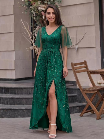 ダークグリーンイブニングドレス Aライン Vネック スパンコール フロア丈 フォーマル パーティードレス