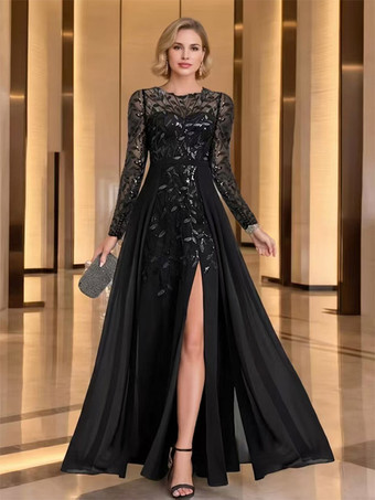 ブラックマザーズドレス パーティードレス ジュエルネック 長袖 Aライン スパンコール ウェディングゲストドレス