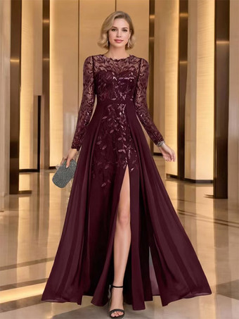 バーガンディーマザーズドレス パーティードレス ジュエルネック 長袖 Aライン スパンコール ウェディングゲストドレス
