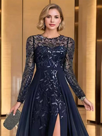 マザーズドレス パーティードレス ジュエルネック 長袖 Aライン スパンコール ウェディングゲストドレス