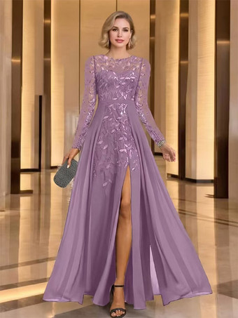 ラベンダーマザーズドレス パーティードレス ジュエルネック 長袖 Aライン スパンコール ウェディングゲストドレス