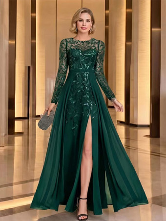 ダークグリーンマザーズドレス パーティードレス ジュエルネック 長袖 Aライン スパンコール ウェディングゲストドレス