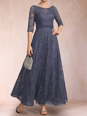 花嫁の母のためのパーティードレス、ジュエルネック、七分袖、Aライン、レース、足首丈、結婚式ゲストドレス