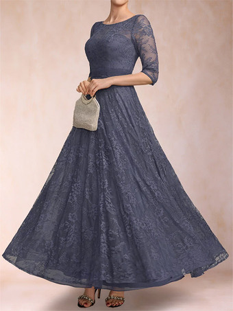 花嫁の母のためのパーティードレス、ジュエルネック、七分袖、Aライン、レース、足首丈、結婚式ゲストドレス