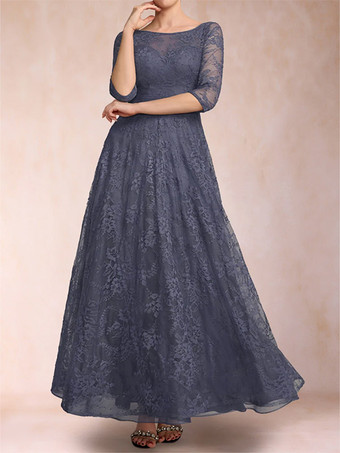 花嫁の母のためのパーティードレス、ジュエルネック、七分袖、Aライン、レース、足首丈、結婚式ゲストドレス