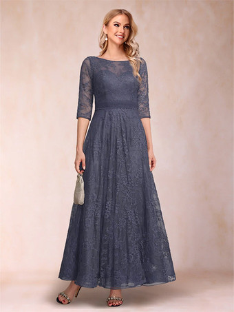 ダークグレー 花嫁の母のためのパーティードレス、ジュエルネック、七分袖、Aライン、レース、足首丈、結婚式ゲストドレス