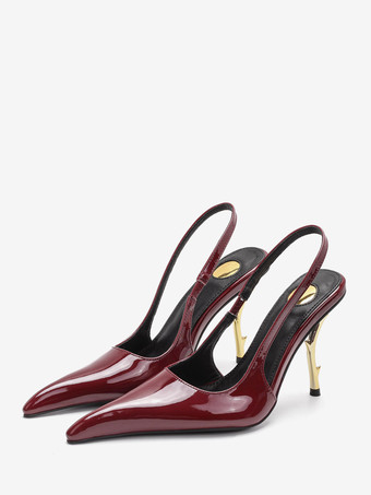 ワインレッド ハイヒール スリングバック パンプス レディース ポインテッドトゥ デザインヒール パーティシューズ