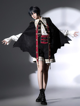 王子ロリータ風黒長袖黒と赤のプリンスパンツシャツオーバーコートコーデ