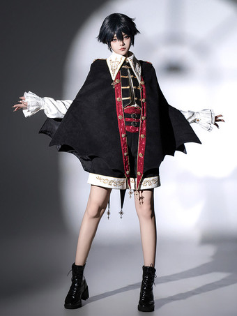 王子ロリータ風黒長袖黒と赤のプリンスパンツシャツオーバーコートコーデ