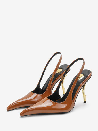 ブラウンハイヒール スリングバック パンプス レディース ポインテッドトゥ デザインヒール パーティシューズ