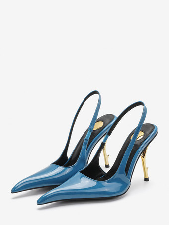 オーシャンブルーハイヒール スリングバック パンプス レディース ポインテッドトゥ デザインヒール パーティシューズ
