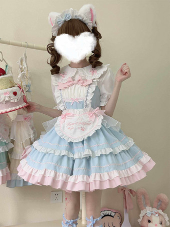 スウィートロリータドレス ノースリーブ フリル リボン クラシック ピンク ロリータドレス エプロン付き