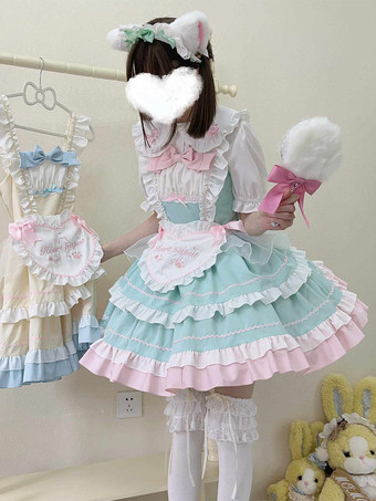 スウィートロリータドレス ノースリーブ フリル リボン クラシック ピンク ロリータドレス エプロン付き