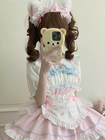 スウィートロリータドレス ノースリーブ フリル リボン クラシック ピンク ロリータドレス エプロン付き