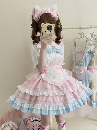 ピンクスウィートロリータドレス ノースリーブ フリル リボン クラシック ピンク ロリータドレス エプロン付き
