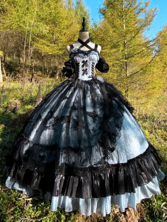 ゴシックロリータドレス レースフリル 花柄 かわいいプリンセスドレス ノースリーブ メッシュフリル ロングドレス