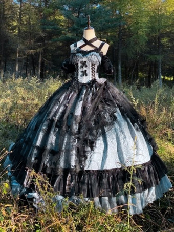 ゴシックロリータドレス レースフリル 花柄 かわいいプリンセスドレス ノースリーブ メッシュフリル ロングドレス