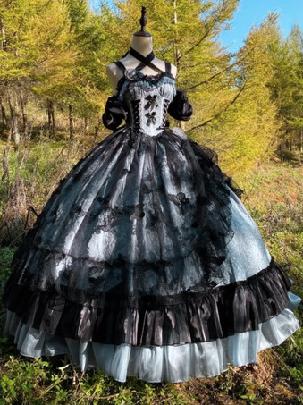 ゴシックロリータドレス レースフリル 花柄 かわいいプリンセスドレス ノースリーブ メッシュフリル ロングドレス
