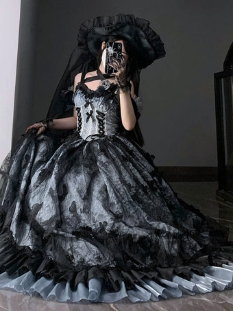 ゴシックロリータドレス レースフリル 花柄 かわいいプリンセスドレス ノースリーブ メッシュフリル ロングドレス