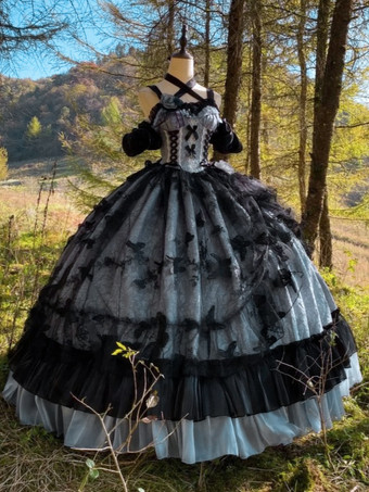 ゴシックロリータドレス レースフリル 花柄 かわいいプリンセスドレス ノースリーブ メッシュフリル ロングドレス