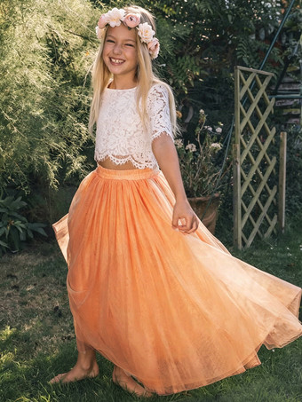 OrangeZweiteilige Hochzeit Blumenmädchenkleider Kleider für besondere Anlässe Rosa Kurze Ärmel Spitze