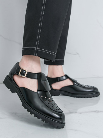 ブラック グラディエーターシューズ メンズ ラウンドトゥ カットアウトサンダルシューズ