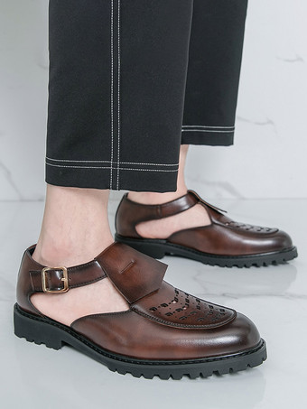 ブラック グラディエーターシューズ メンズ ラウンドトゥ カットアウトサンダルシューズ