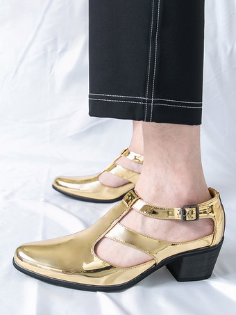 Chaussures métallisées dorées à bout rond et talon compensé ajouré