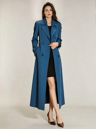 azul Gabardina para mujer moderna con cuello vuelto y botones abrigo largo completo