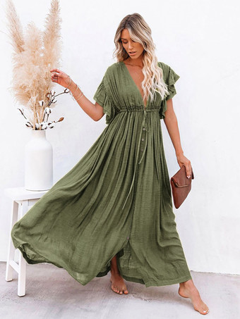 Hunter GreenBoho Maxi Dress for Women - Deep V Neck Ruffle Sleeve Drawstring Waist Long Gown With Pockets - Summer Beach Vacation 2026