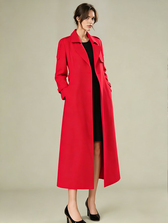 rojo Gabardina para mujer moderna con cuello vuelto y botones abrigo largo completo