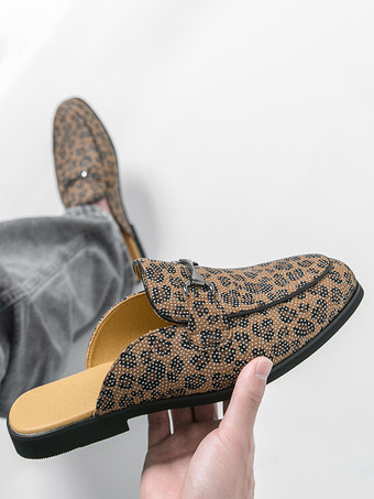 Mocassins mules pour hommes imprimé léopard bout rond détails métalliques sans talon