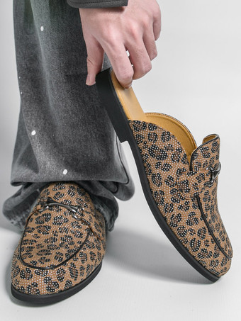 Mocassins mules pour hommes imprimé léopard bout rond détails métalliques sans talon