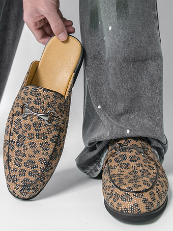 Mocassins mules pour hommes imprimé léopard bout rond détails métalliques sans talon