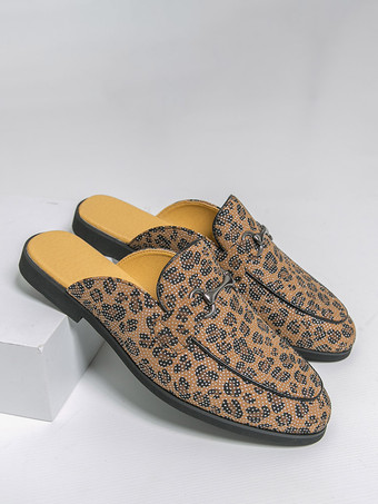 Mocassins mules pour hommes imprimé léopard bout rond détails métalliques sans talon
