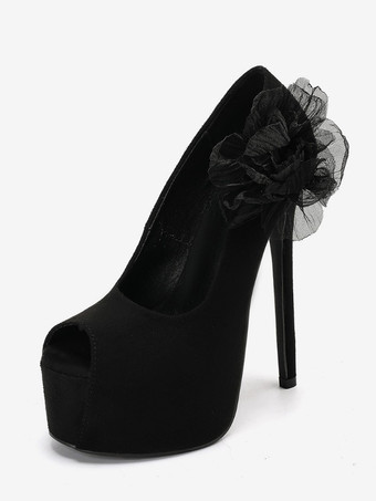 noir Escarpins noirs sexy à plateforme pour femmes bout ouvert talons hauts et détails floraux