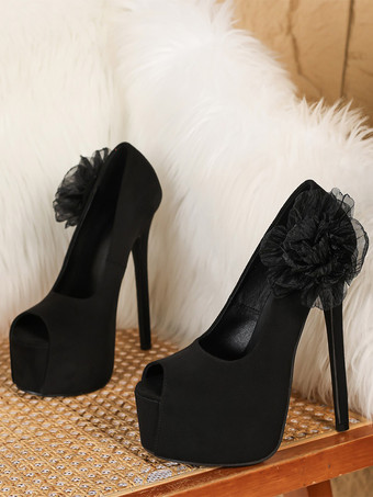 Escarpins noirs sexy à plateforme pour femmes bout ouvert talons hauts et détails floraux