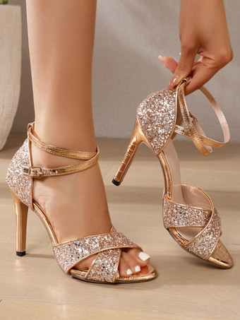 Sandales à talons hauts à bout ouvert pour femmes ornées de paillettes idéales pour les fêtes.
