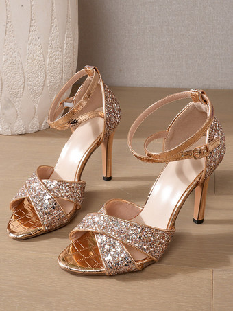 Sandales à talons hauts à bout ouvert pour femmes ornées de paillettes idéales pour les fêtes.