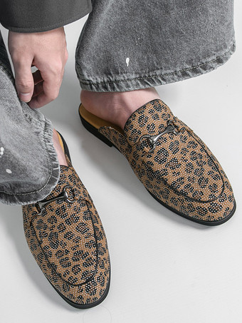 Mocassins mules pour hommes imprimé léopard bout rond détails métalliques sans talon