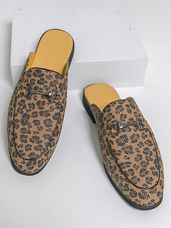 Mocassins mules pour hommes imprimé léopard bout rond détails métalliques sans talon